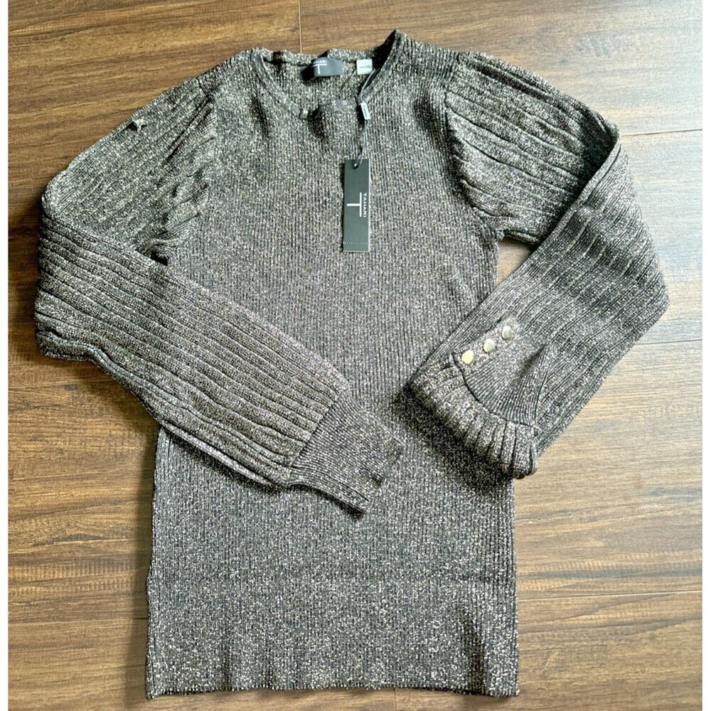 T-Tahari Women's Long Pleated Sleeve Metallic Knit Sweater Top Black & Gold S